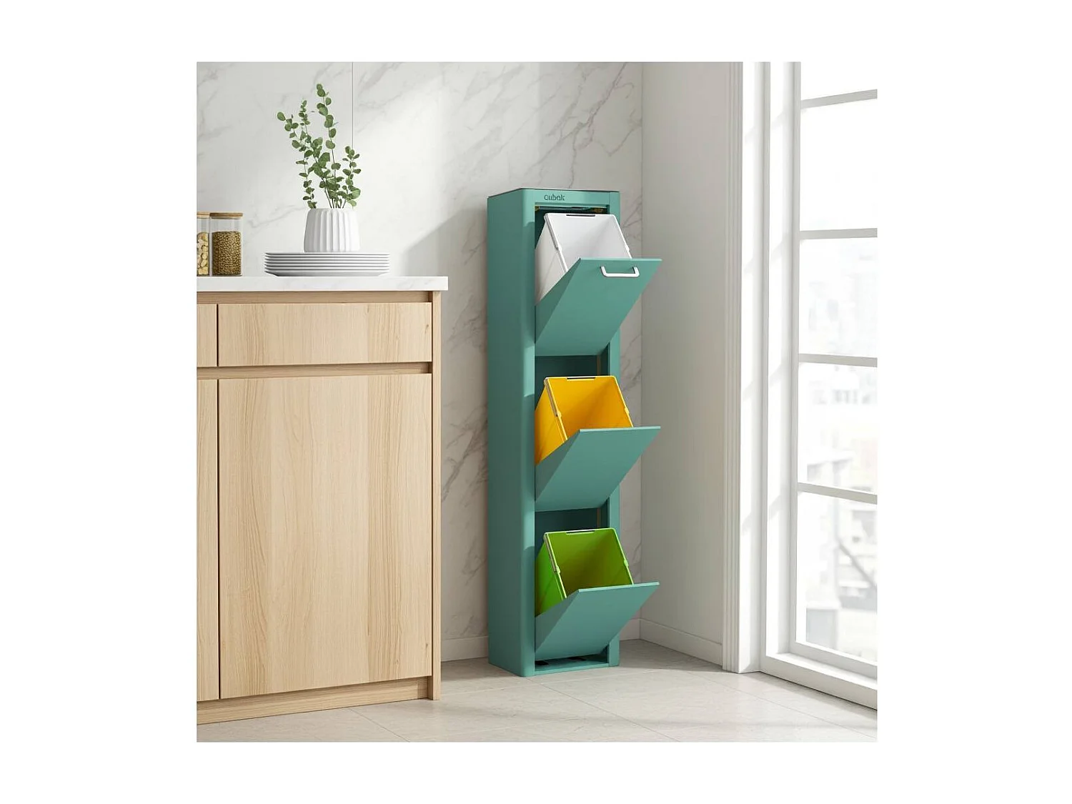 Küchenabfalleimer - Mülltrennungssystem mit 3 Fächern à 20 Litern - CUBEK