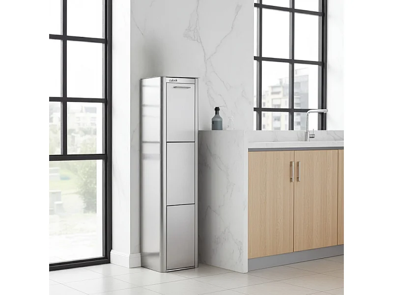 Pattumiera da cucina - Bidone per raccolta differenziata - 3 scomparti da 20L - Acciaio inox - CUBEK