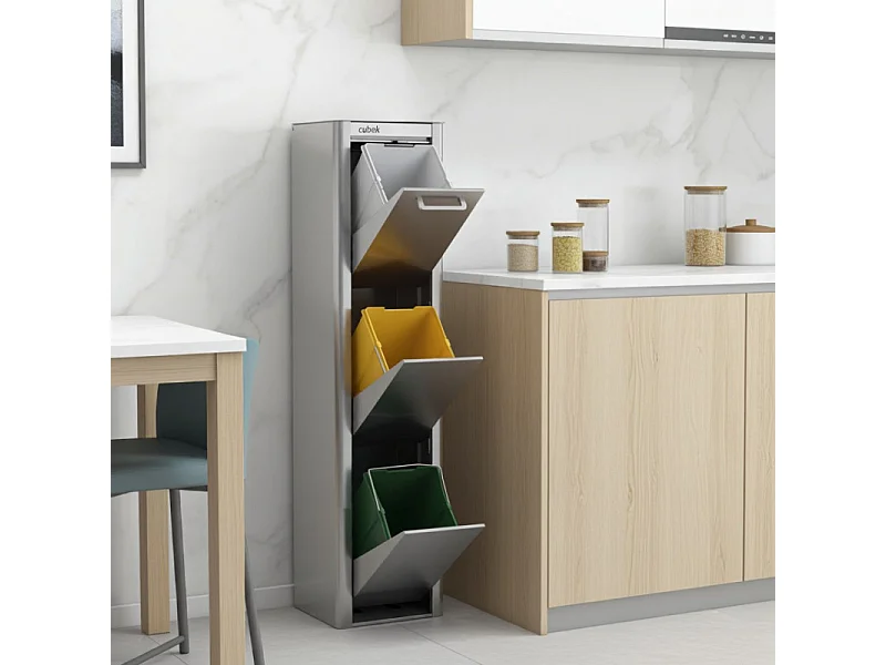 Pattumiera da cucina - Bidone per raccolta differenziata - 3 scomparti da 20L - Acciaio inox - CUBEK
