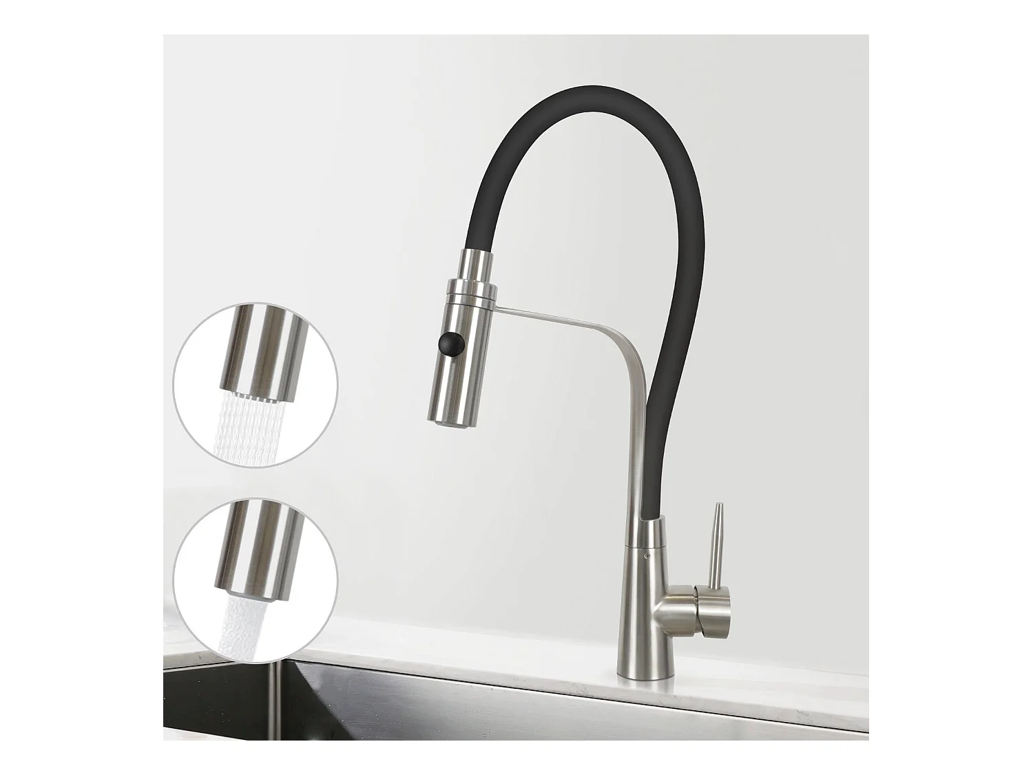 NETTLIFE Keukenkraan met flexibele lange uitbreidbare slang met douchekop, 46,5 cm, zwart, 360 graden draaibare hoge druk mengkraan