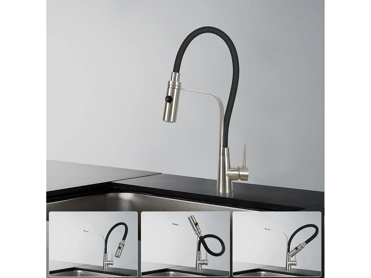 NETTLIFE Keukenkraan met flexibele lange uitbreidbare slang met douchekop, 46,5 cm, zwart, 360 graden draaibare hoge druk mengkraan