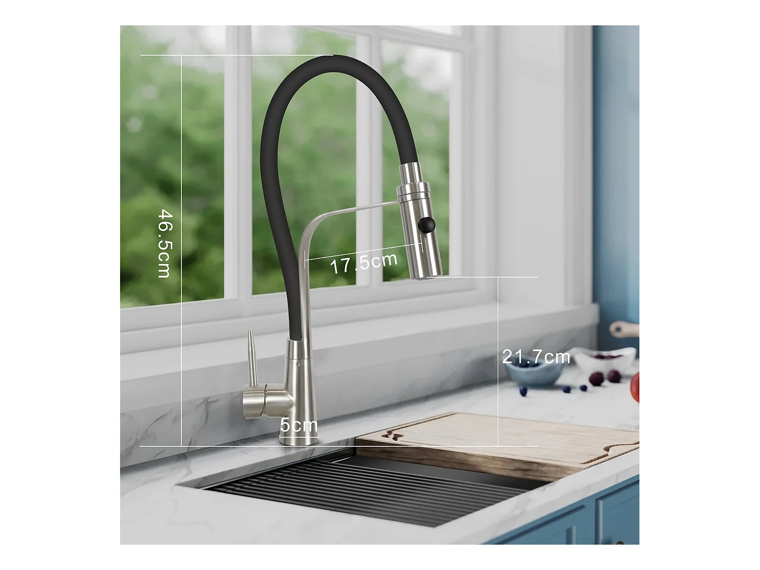 NETTLIFE Keukenkraan met flexibele lange uitbreidbare slang met douchekop, 46,5 cm, zwart, 360 graden draaibare hoge druk mengkraan