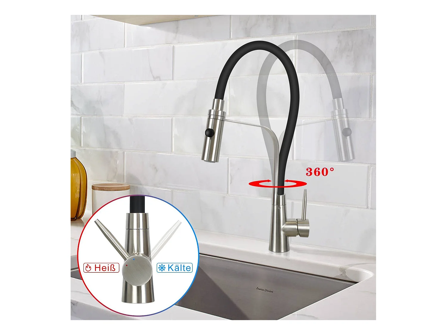 NETTLIFE Keukenkraan met flexibele lange uitbreidbare slang met douchekop, 46,5 cm, zwart, 360 graden draaibare hoge druk mengkraan