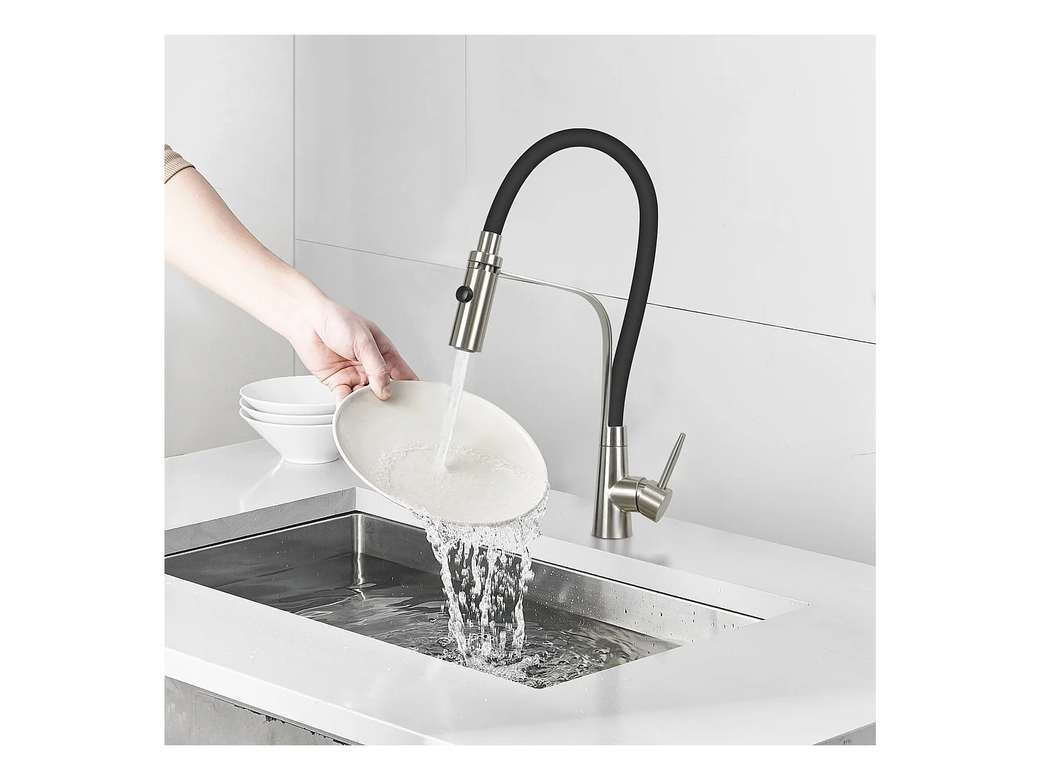 NETTLIFE Robinet de Cuisine avec Flexible Grands extensibles avec pomme de douche, 46,5 cm,  noire , mélangeur à haute pression pivotant à 360