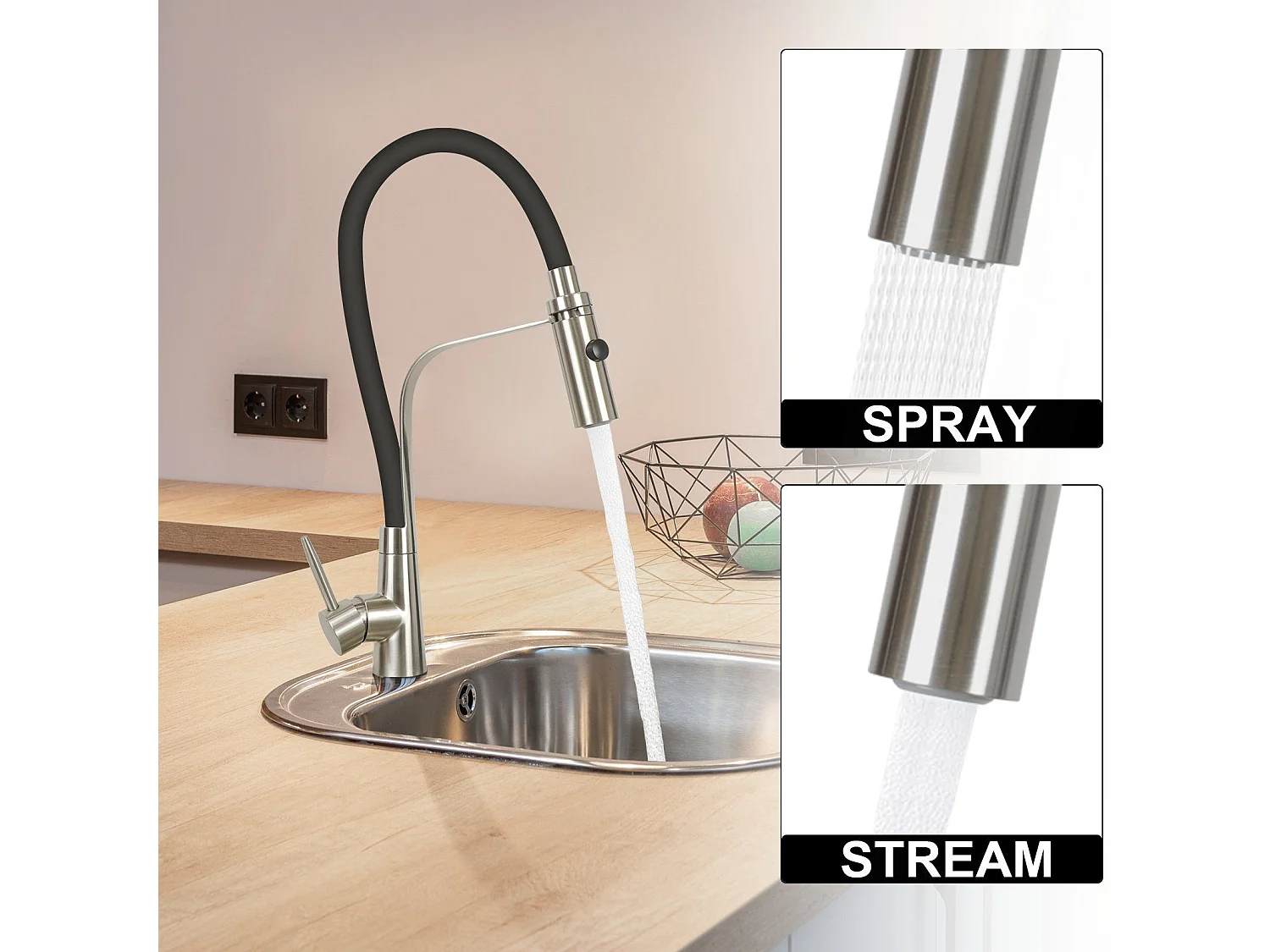 NETTLIFE Keukenkraan met flexibele lange uitbreidbare slang met douchekop, 46,5 cm, zwart, 360 graden draaibare hoge druk mengkraan