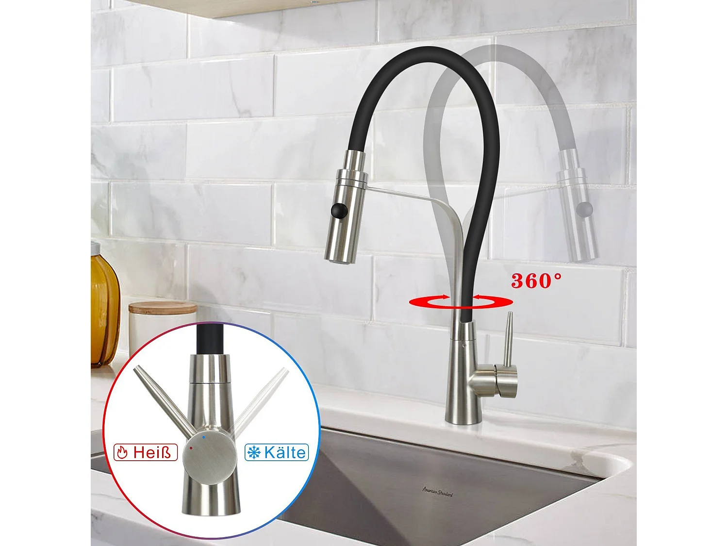 NETTLIFE Keukenkraan met flexibele lange uitbreidbare slang met douchekop, 46,5 cm, zwart, 360 graden draaibare hoge druk mengkraan