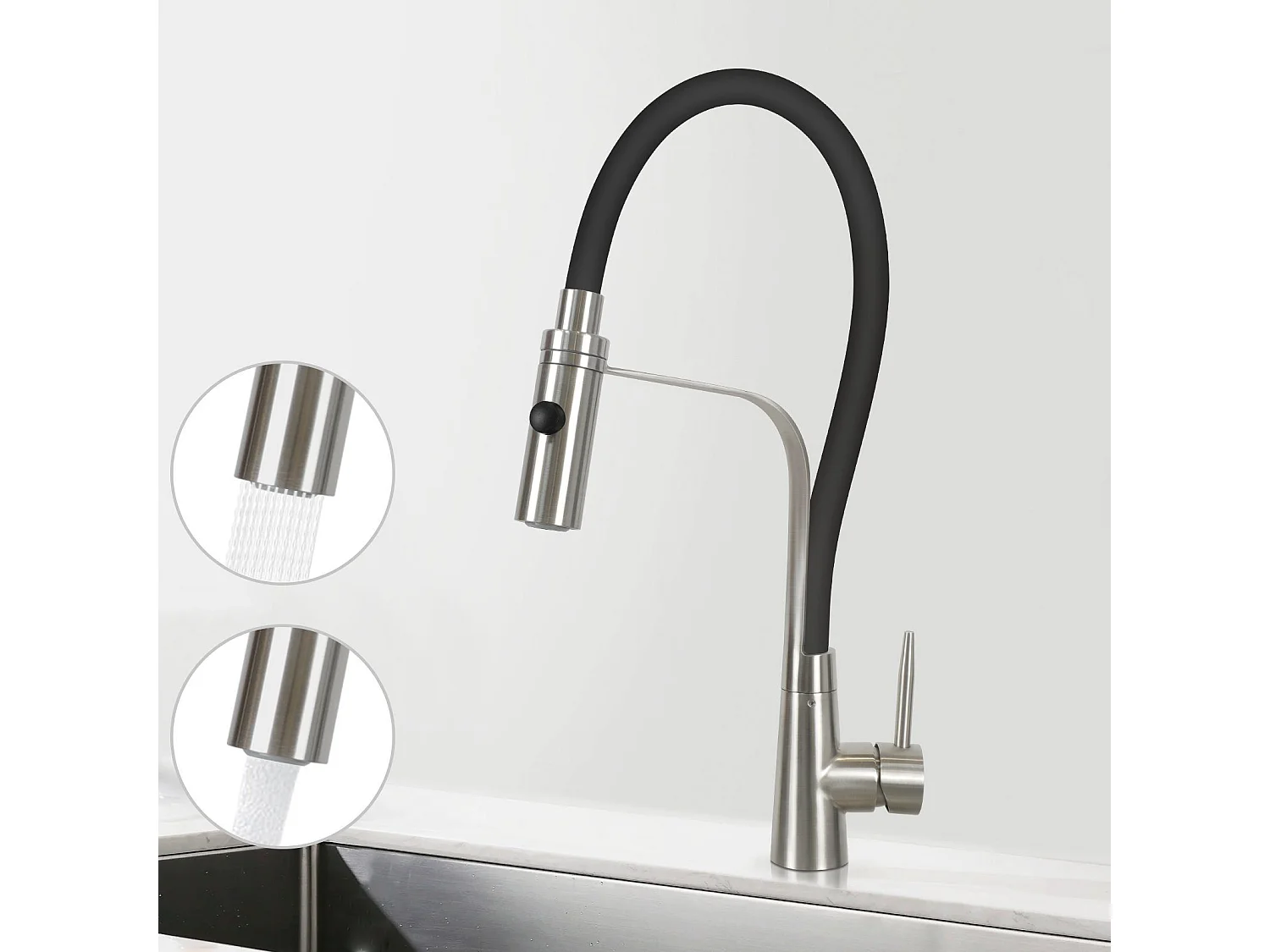 NETTLIFE Keukenkraan met flexibele lange uitbreidbare slang met douchekop, 46,5 cm, zwart, 360 graden draaibare hoge druk mengkraan