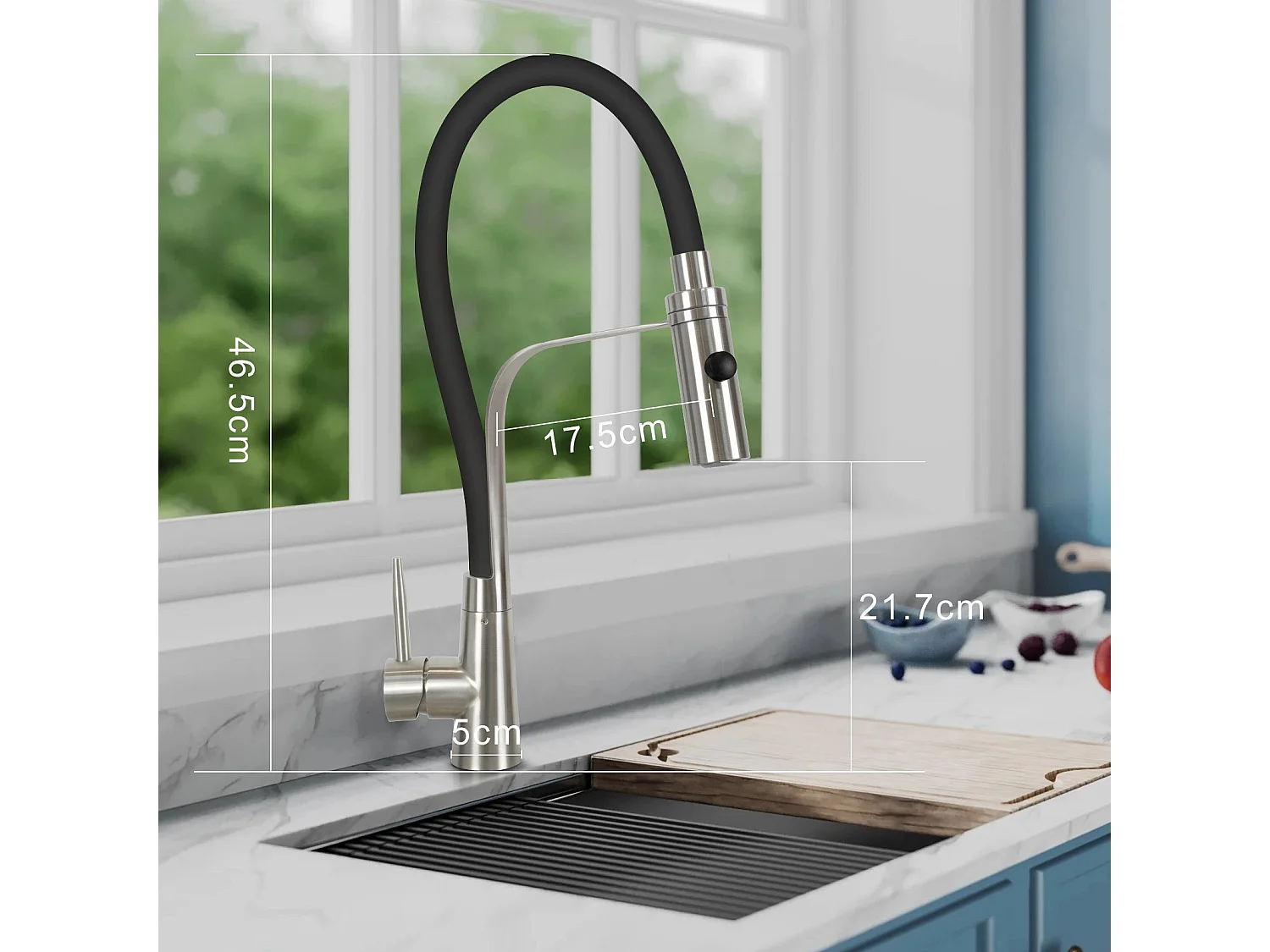 NETTLIFE Keukenkraan met flexibele lange uitbreidbare slang met douchekop, 46,5 cm, zwart, 360 graden draaibare hoge druk mengkraan