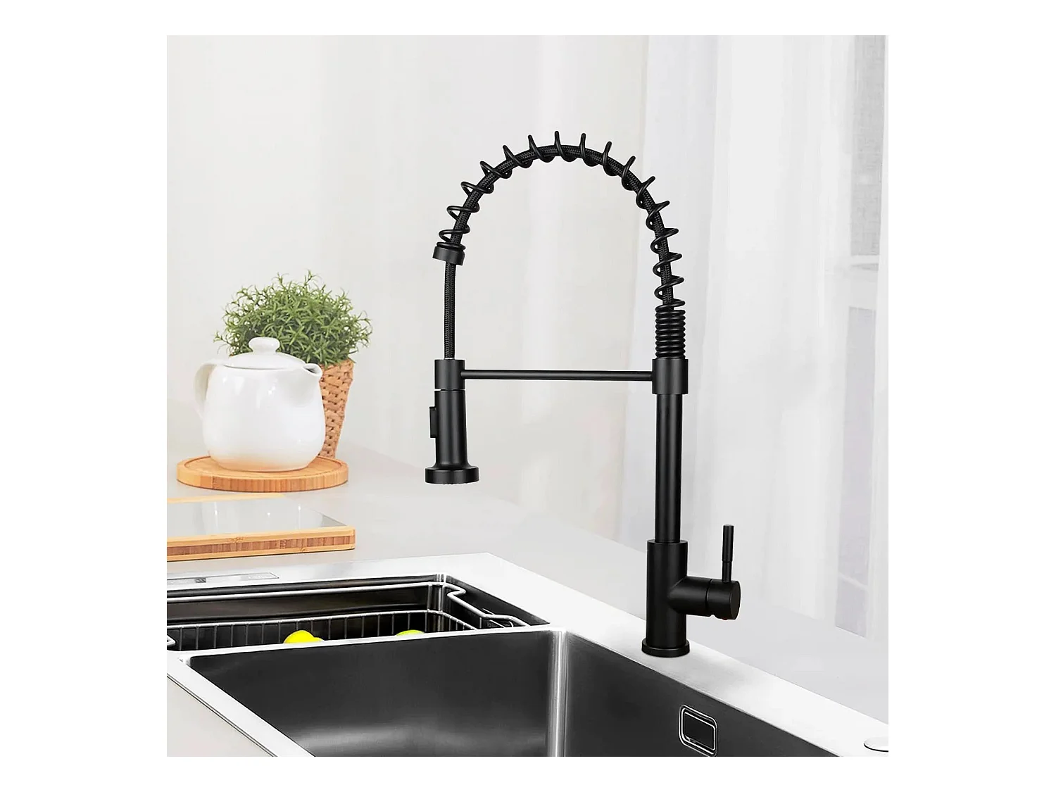 NETTLIFE Grifo de cocina con ducha extraíble Mezclador de cocina Grifo giratorio Mezclador de fregadero de alta presión con 2 tipos de chorros, Negro