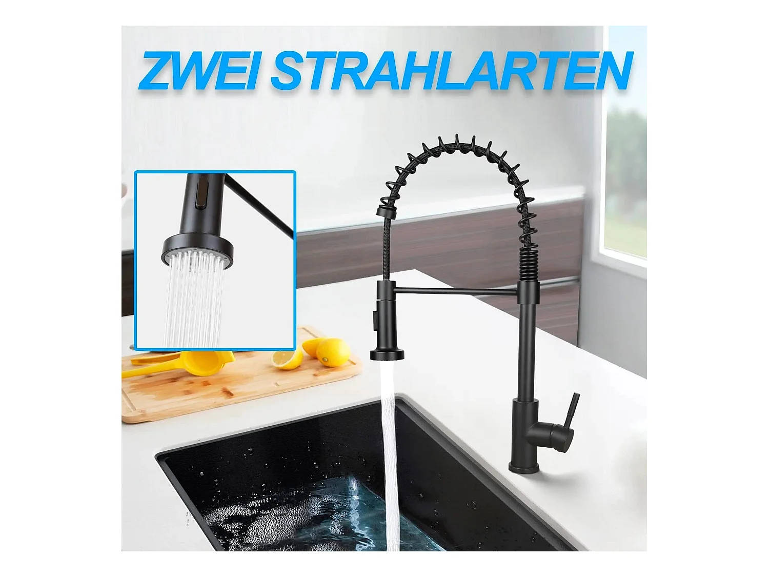 NETTLIFE Grifo de cocina con ducha extraíble Mezclador de cocina Grifo giratorio Mezclador de fregadero de alta presión con 2 tipos de chorros, Negro