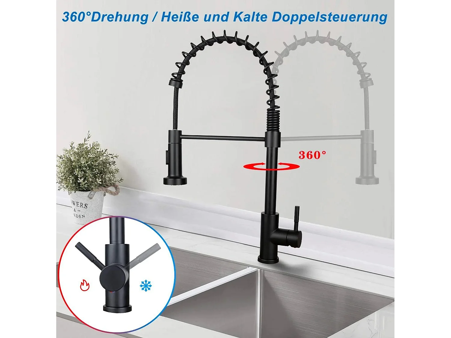 NETTLIFE Robinet de Cuisine avec Douchette Extractible Mitigeur Cuisine Bec Rotatif Mitigeur d'Évier haute pression avec 2 types de jets ，Noir