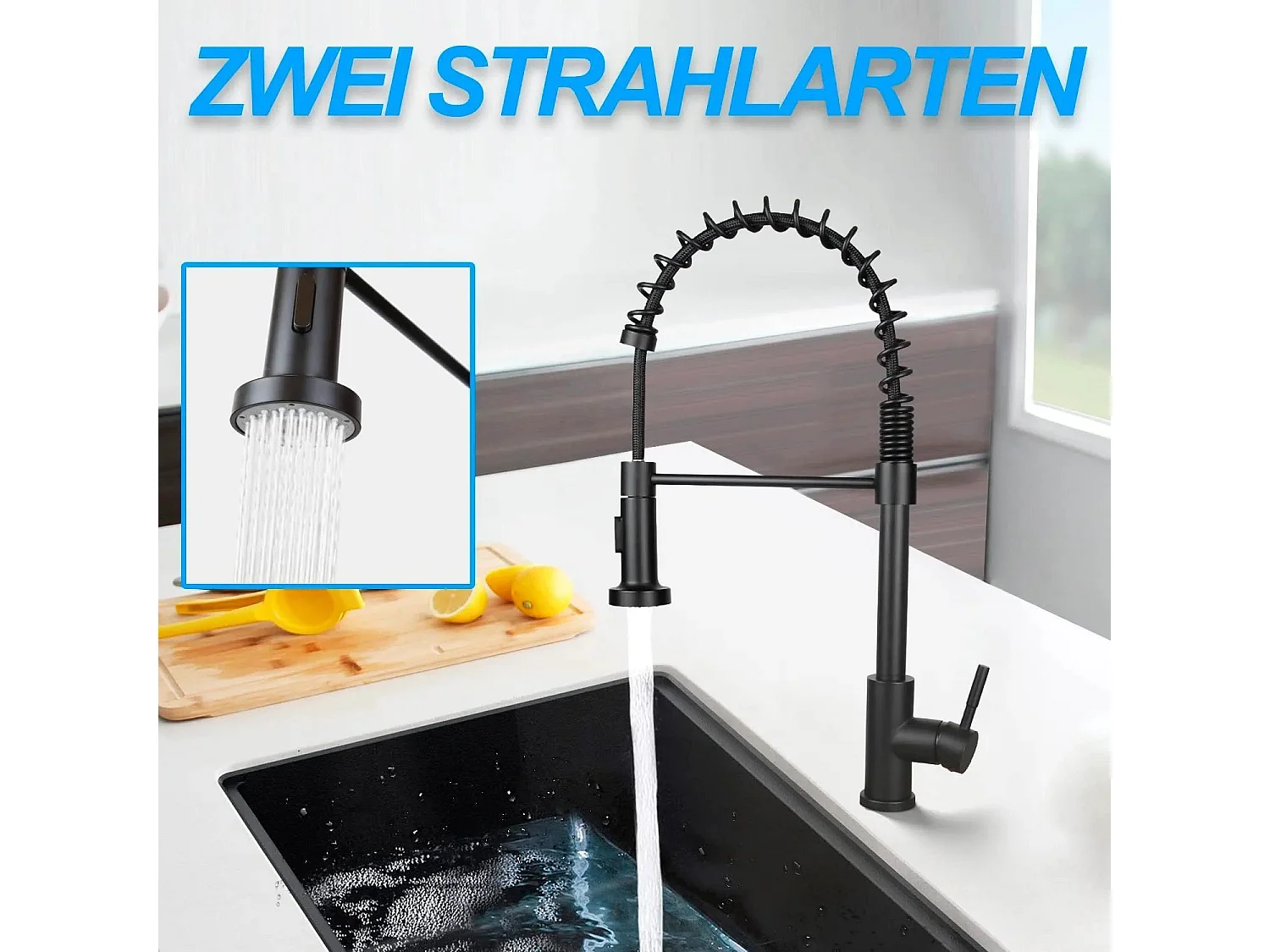 NETTLIFE Robinet de Cuisine avec Douchette Extractible Mitigeur Cuisine Bec Rotatif Mitigeur d'Évier haute pression avec 2 types de jets ，Noir