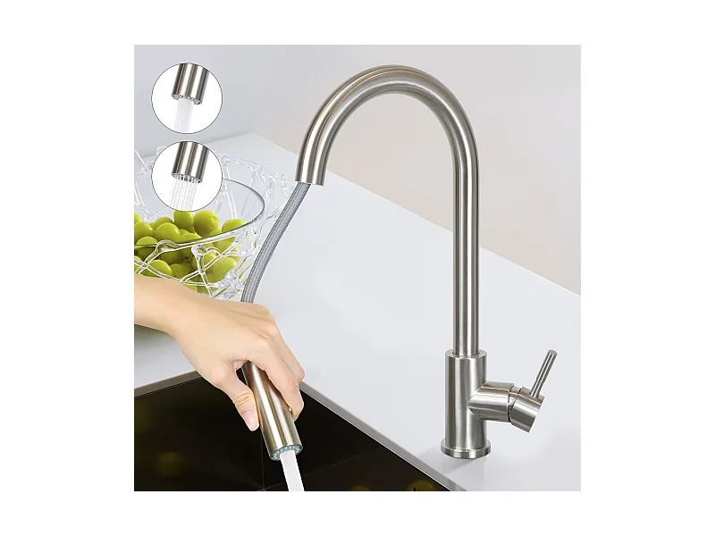 NETTLIFE Keukenkraan met uittrekbare douchekop, hoge druk, dubbele straal en 360° draaibare, roestvrij staal, nikkel