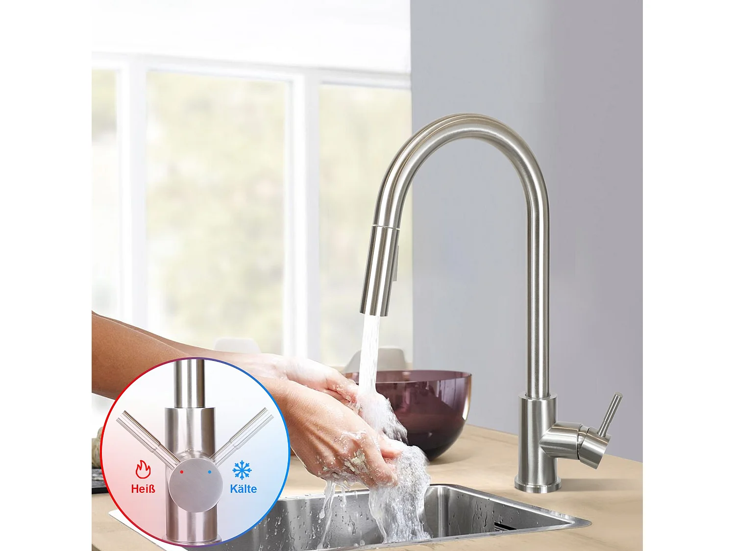 NETTLIFE Wasserhahn Küche Küchenarmatur Hochdruck - Spültischarmatur mit Brause Ausziehbar Mischbatterie Spüle 360° Schwenkbar Armatur mit 2 Strahlarten