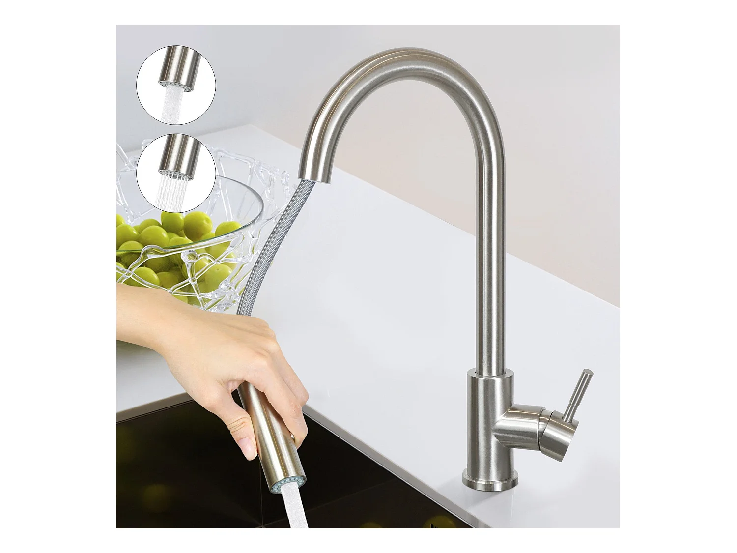 NETTLIFE Robinet de cuisine avec pomme de douche extensible, à haute pression, en acier inoxydable à jet double et pivotant à 360 °, Nickel