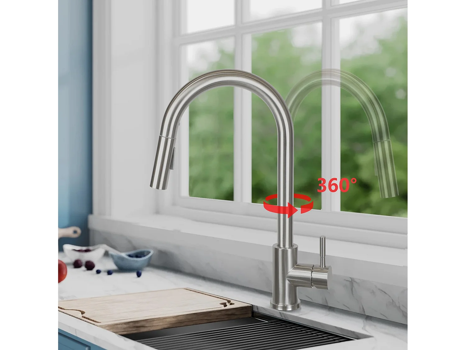 NETTLIFE Robinet de cuisine avec pomme de douche extensible, à haute pression, en acier inoxydable à jet double et pivotant à 360 °, Nickel