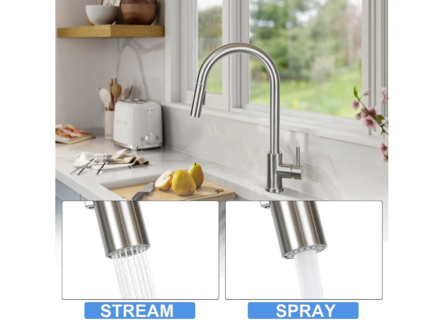 NETTLIFE Robinet de cuisine avec pomme de douche extensible, à haute pression, en acier inoxydable à jet double et pivotant à 360 °, Nickel