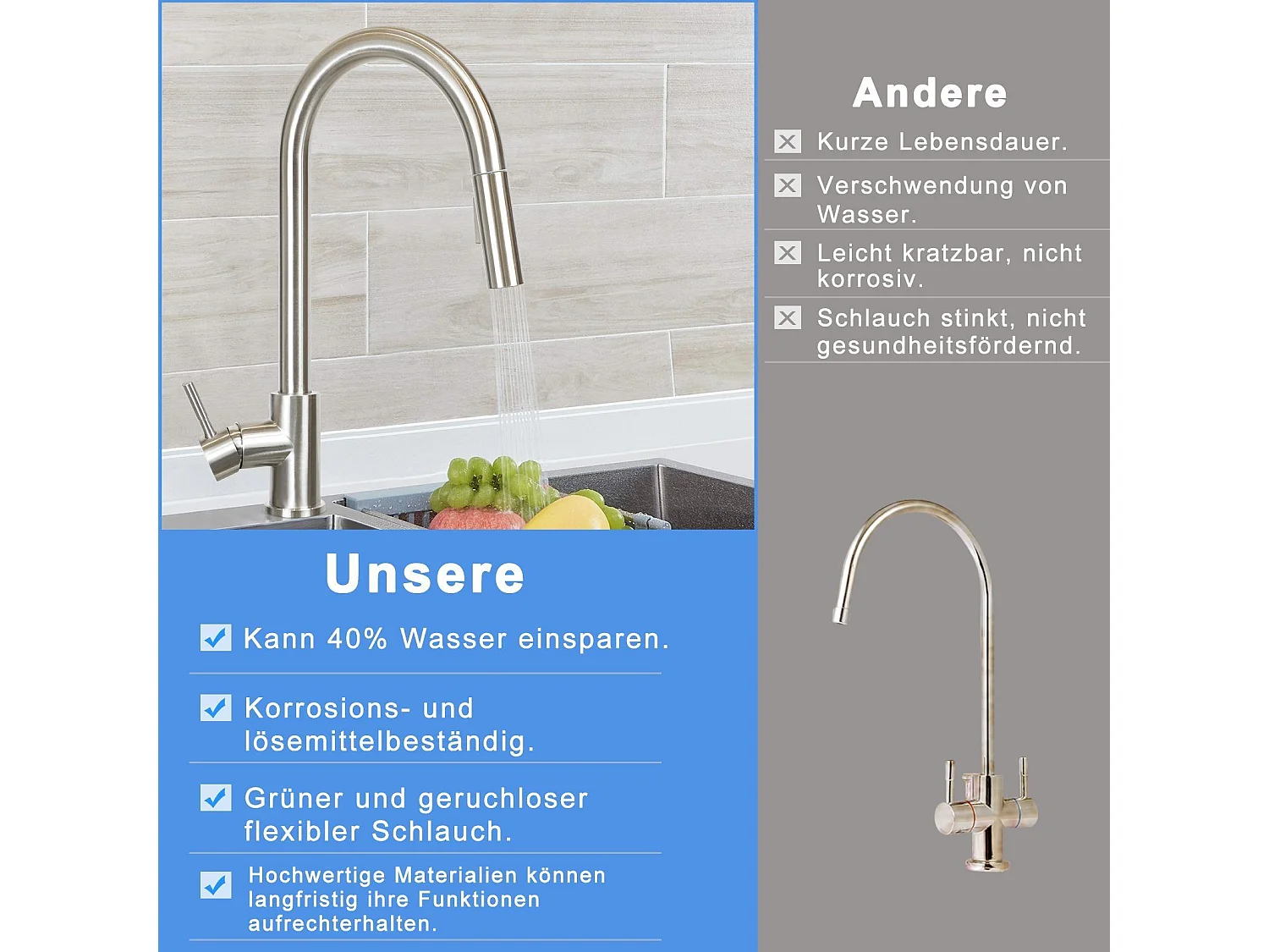 NETTLIFE Robinet de cuisine avec pomme de douche extensible, à haute pression, en acier inoxydable à jet double et pivotant à 360 °, Nickel