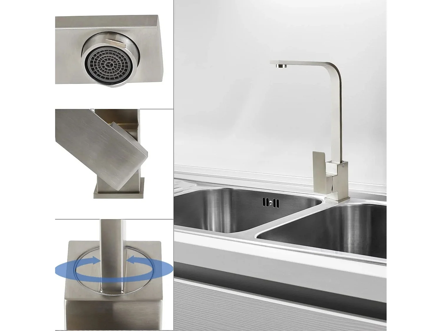 NETTLIFE Robinet de Cuisine avec Poignée Unique, Robinet de Cuisine en Acier Inoxydable, Robinet de Cuisine à Haute Pression, Bras Pivotant à 360°