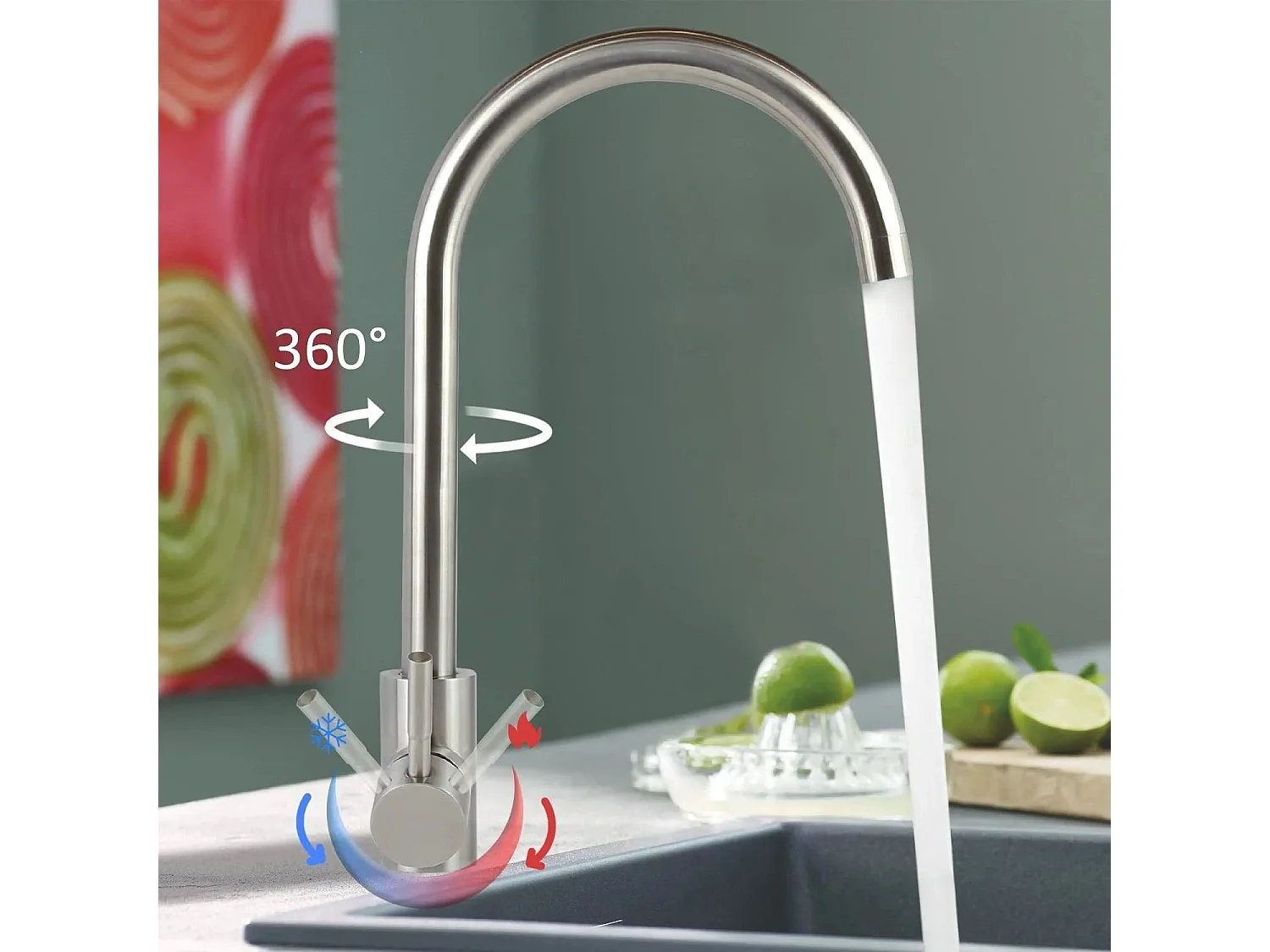 NETTLIFE robinet de cuisine robinet haute pression robinet d'évier de cuisine en acier inoxydable pivotant à 360°