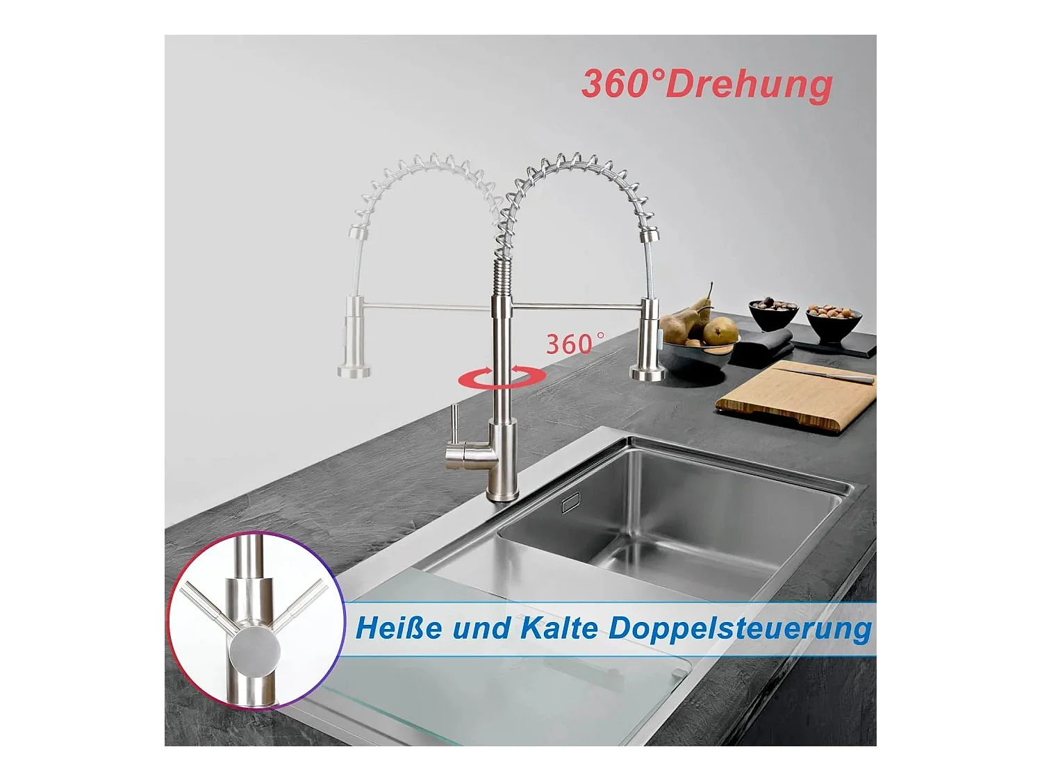 NETTLIFE Robinet de Cuisine avec Douchette Extractible Mitigeur Cuisine Bec Rotatif Mitigeur d'Évier haute pression avec 2 types de jets , Nickel