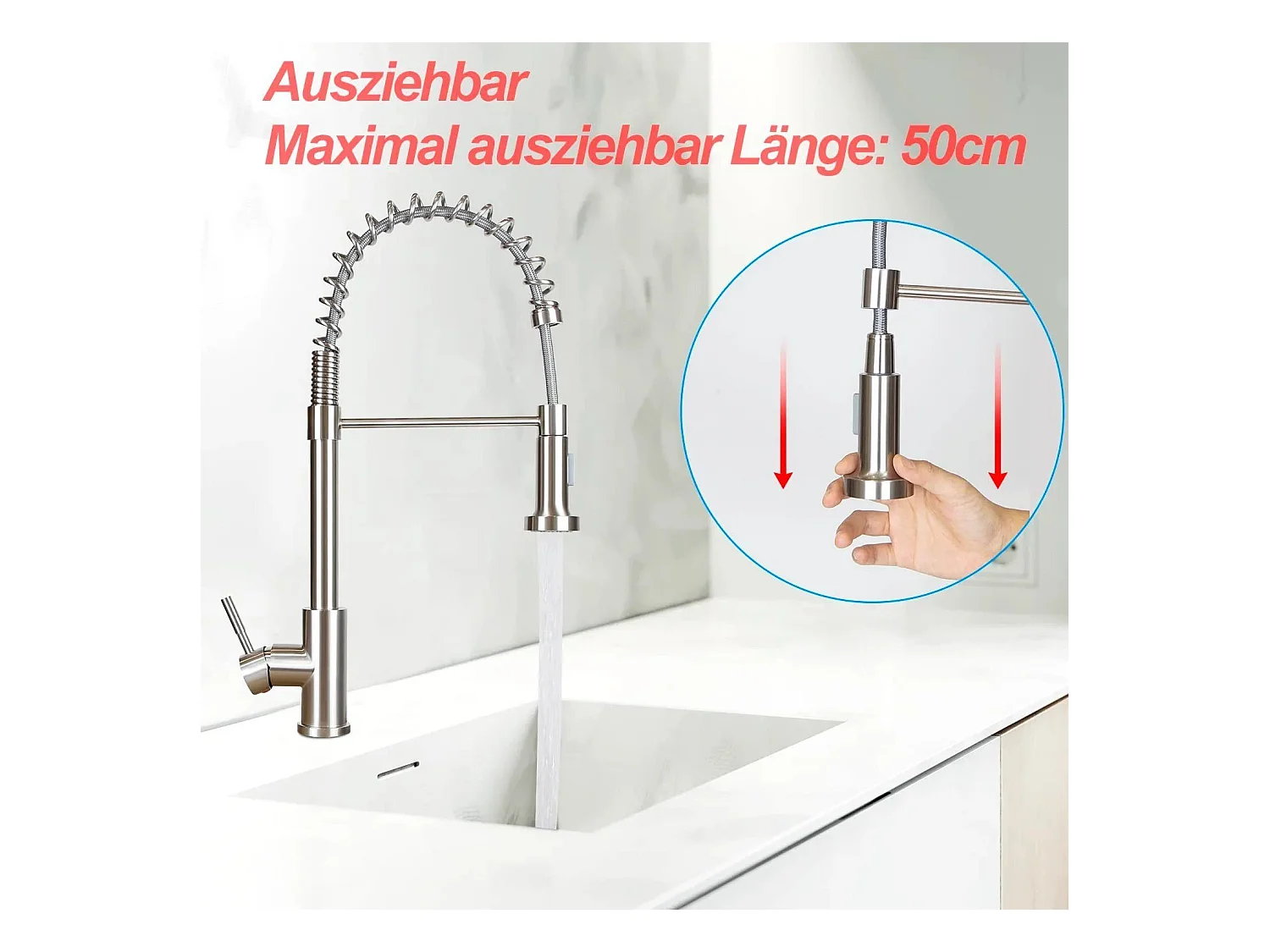 NETTLIFE Robinet de Cuisine avec Douchette Extractible Mitigeur Cuisine Bec Rotatif Mitigeur d'Évier haute pression avec 2 types de jets , Nickel