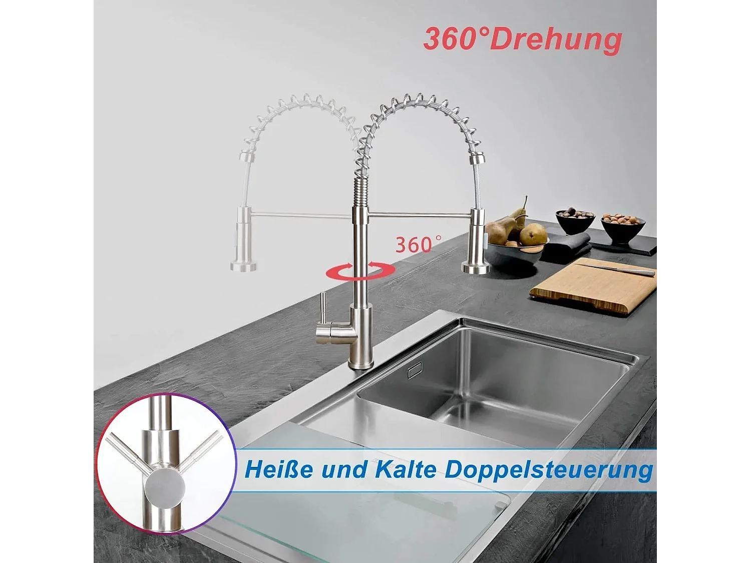 NETTLIFE Robinet de Cuisine avec Douchette Extractible Mitigeur Cuisine Bec Rotatif Mitigeur d'Évier haute pression avec 2 types de jets , Nickel