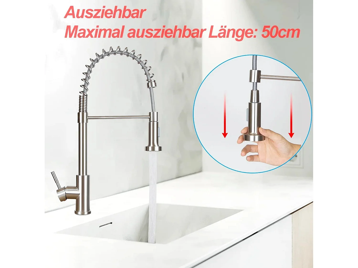 NETTLIFE Robinet de Cuisine avec Douchette Extractible Mitigeur Cuisine Bec Rotatif Mitigeur d'Évier haute pression avec 2 types de jets , Nickel