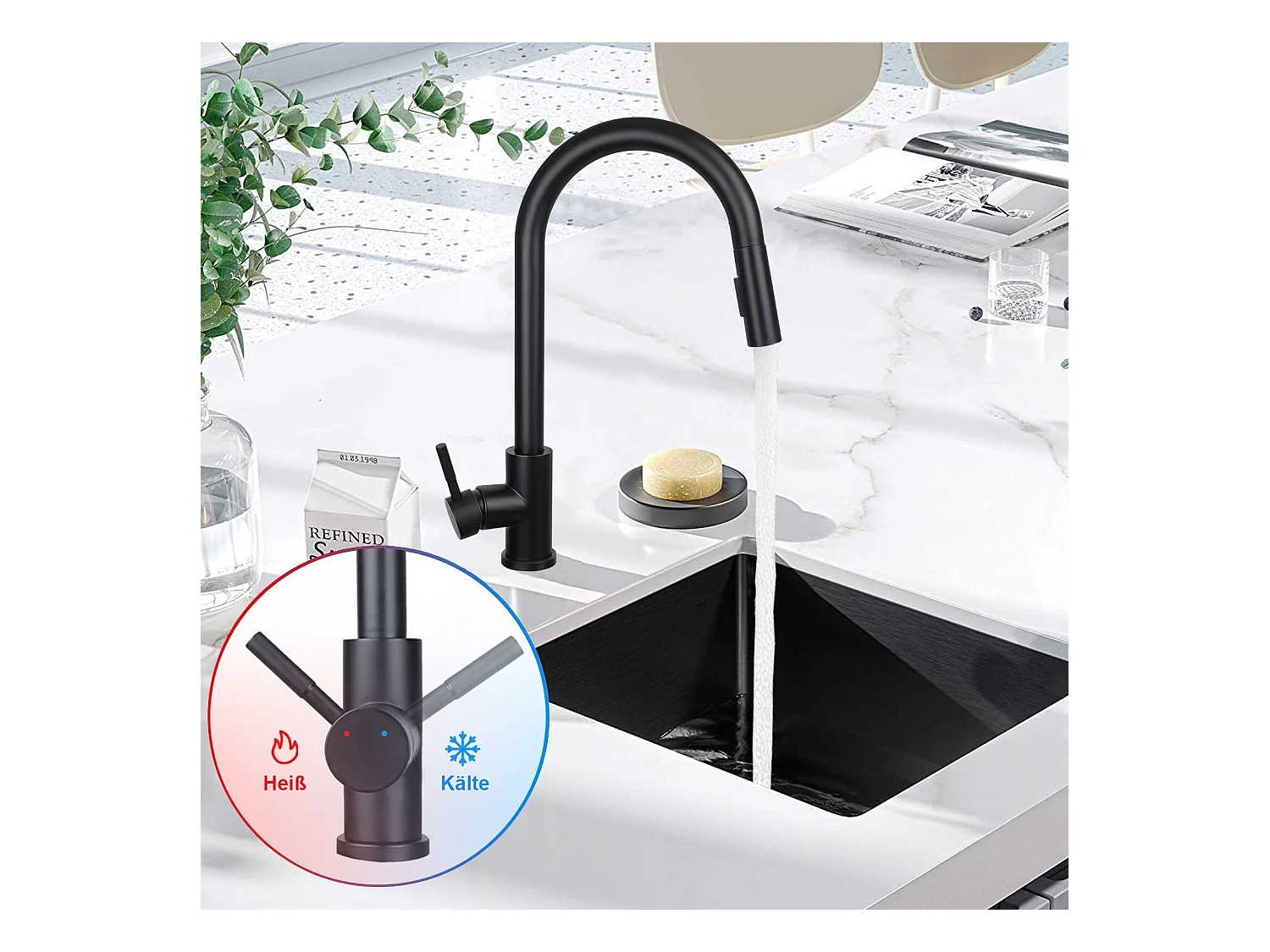 NETTLIFE Keukenkraan met uittrekbare douchekop, hoge druk, dubbele straal en 360° draaibare zwarte roestvrijstalen kraan