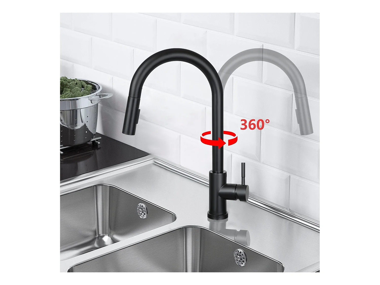 NETTLIFE Keukenkraan met uittrekbare douchekop, hoge druk, dubbele straal en 360° draaibare zwarte roestvrijstalen kraan
