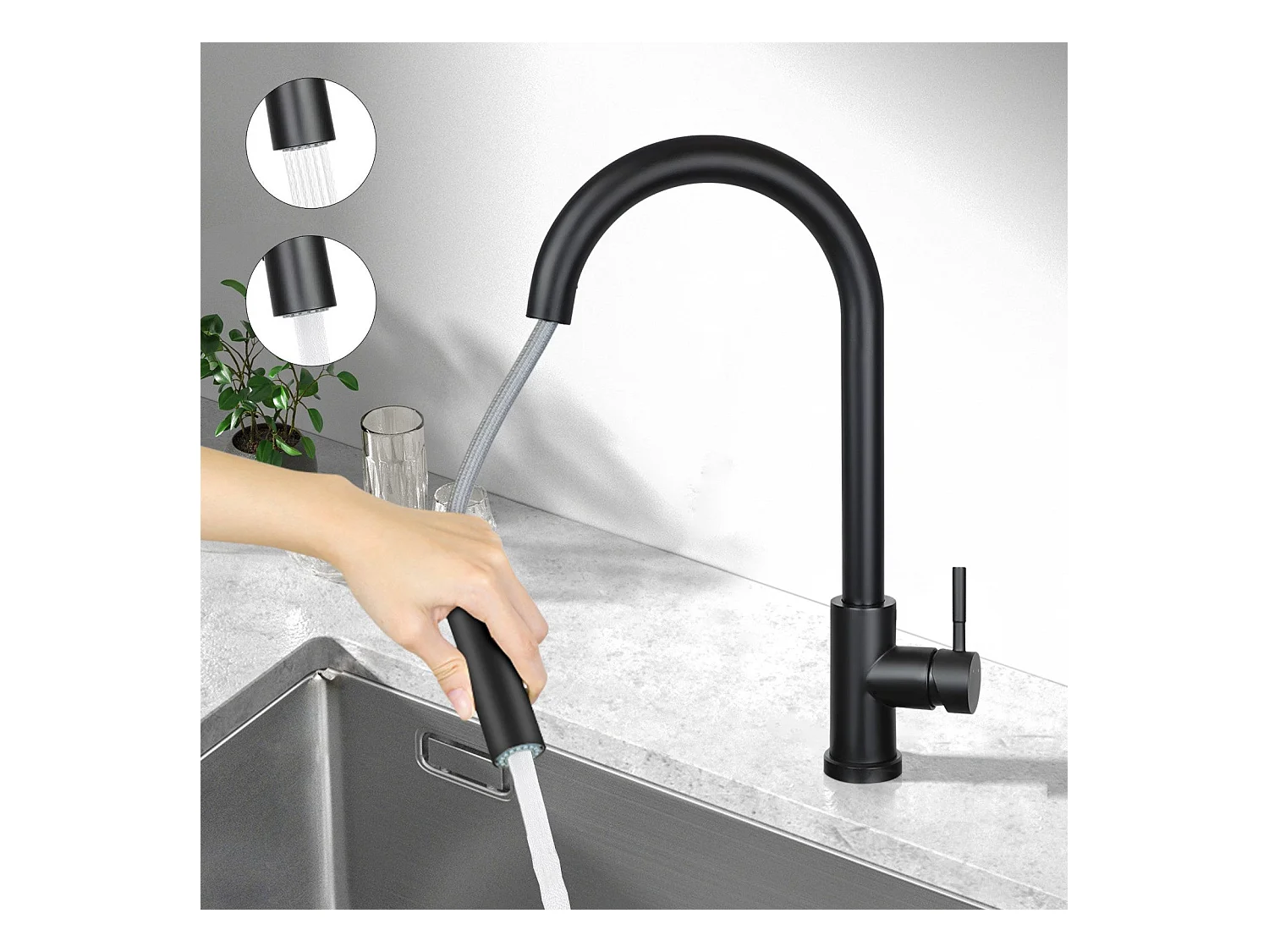 NETTLIFE Robinet de cuisine avec pomme de douche extensible, à haute pression, en acier inoxydable à jet double et pivotant à 360 °, Noir