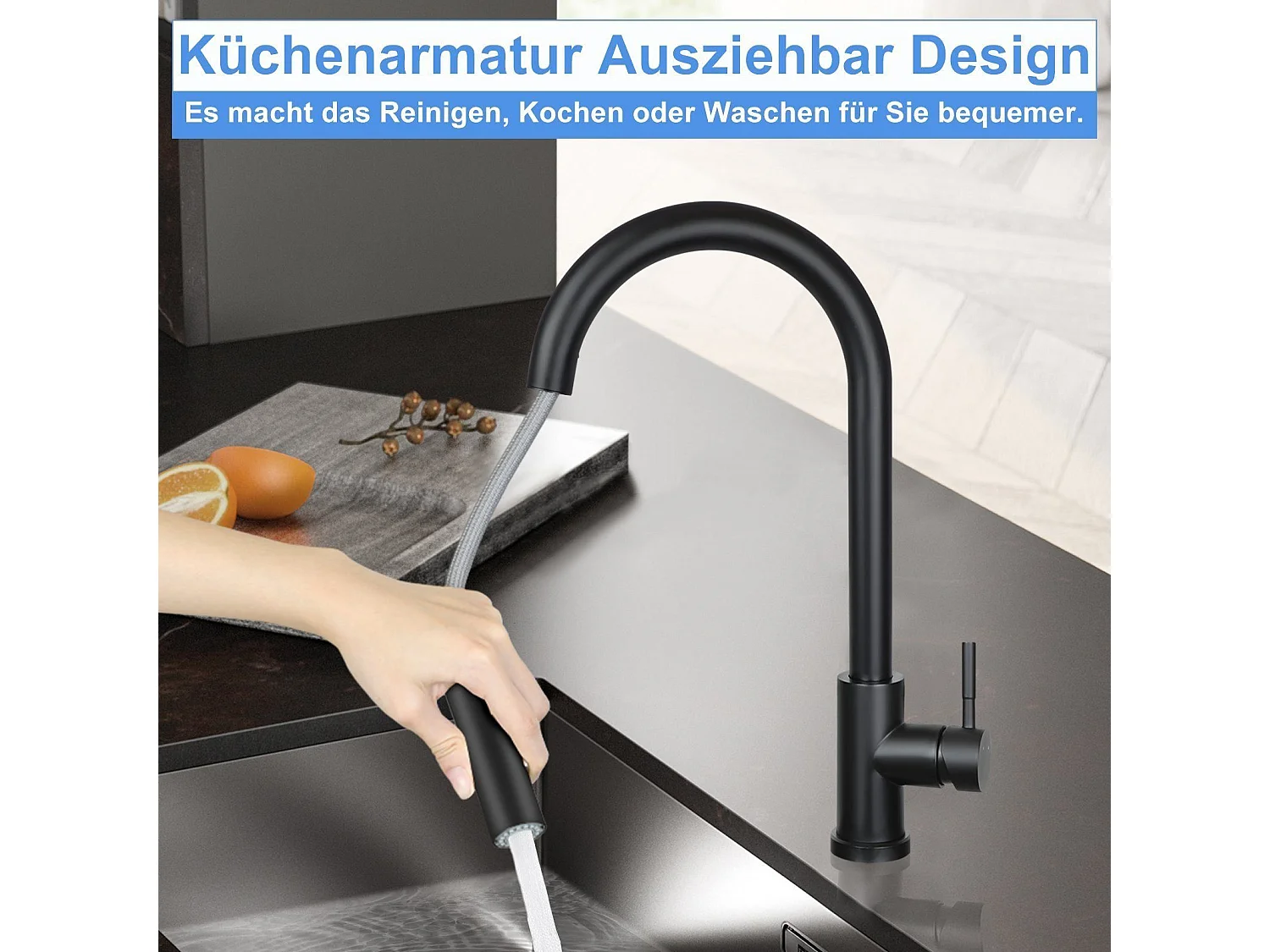 NETTLIFE Wasserhahn Küche Küchenarmatur Schwarz - Ausziehbar Spültischarmatur mit Brause Mischbatterie Spüle 360° Drehbar Armatur Edelstahl mit 2 Strahlarten