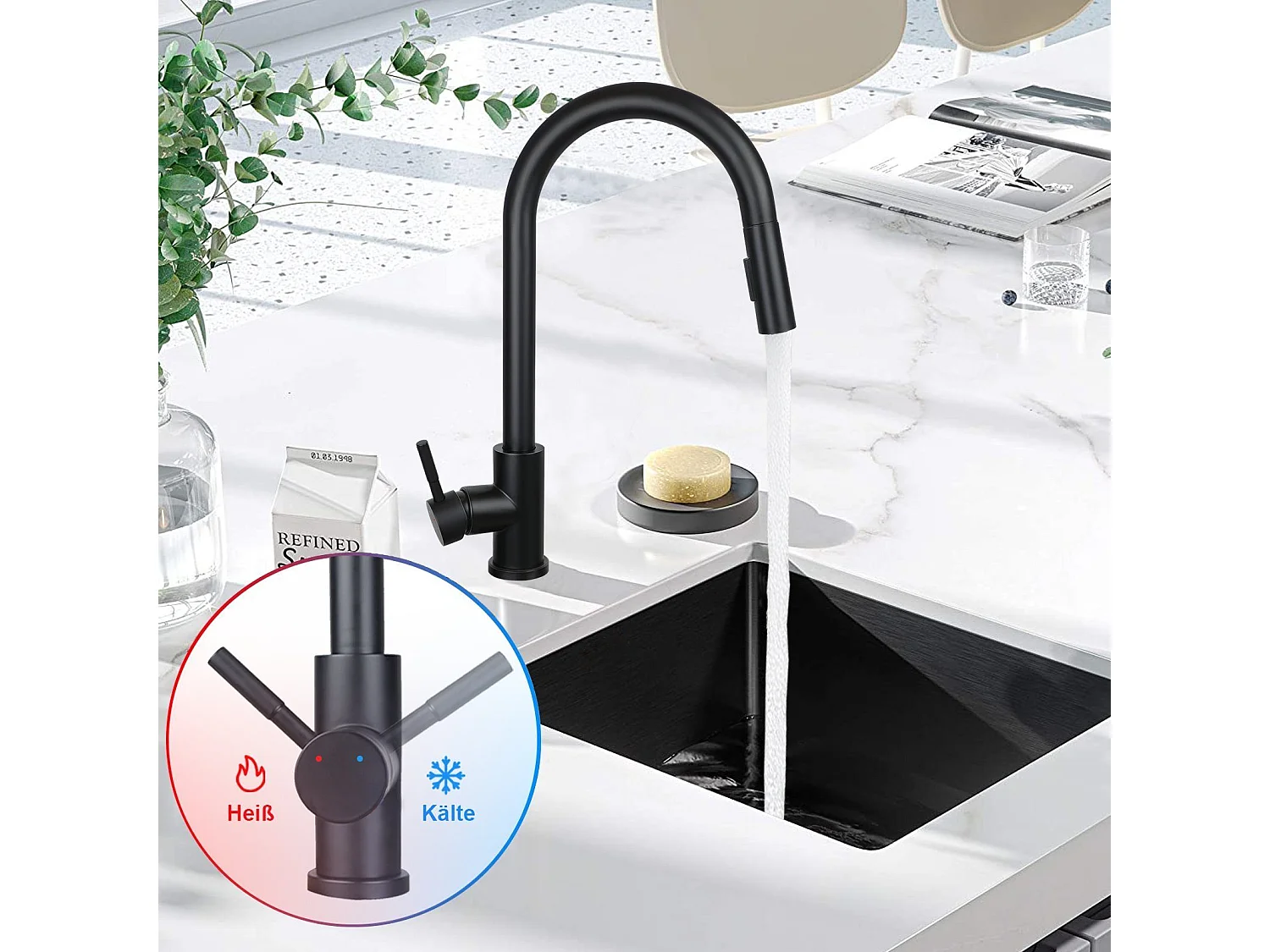 NETTLIFE Wasserhahn Küche Küchenarmatur Schwarz - Ausziehbar Spültischarmatur mit Brause Mischbatterie Spüle 360° Drehbar Armatur Edelstahl mit 2 Strahlarten