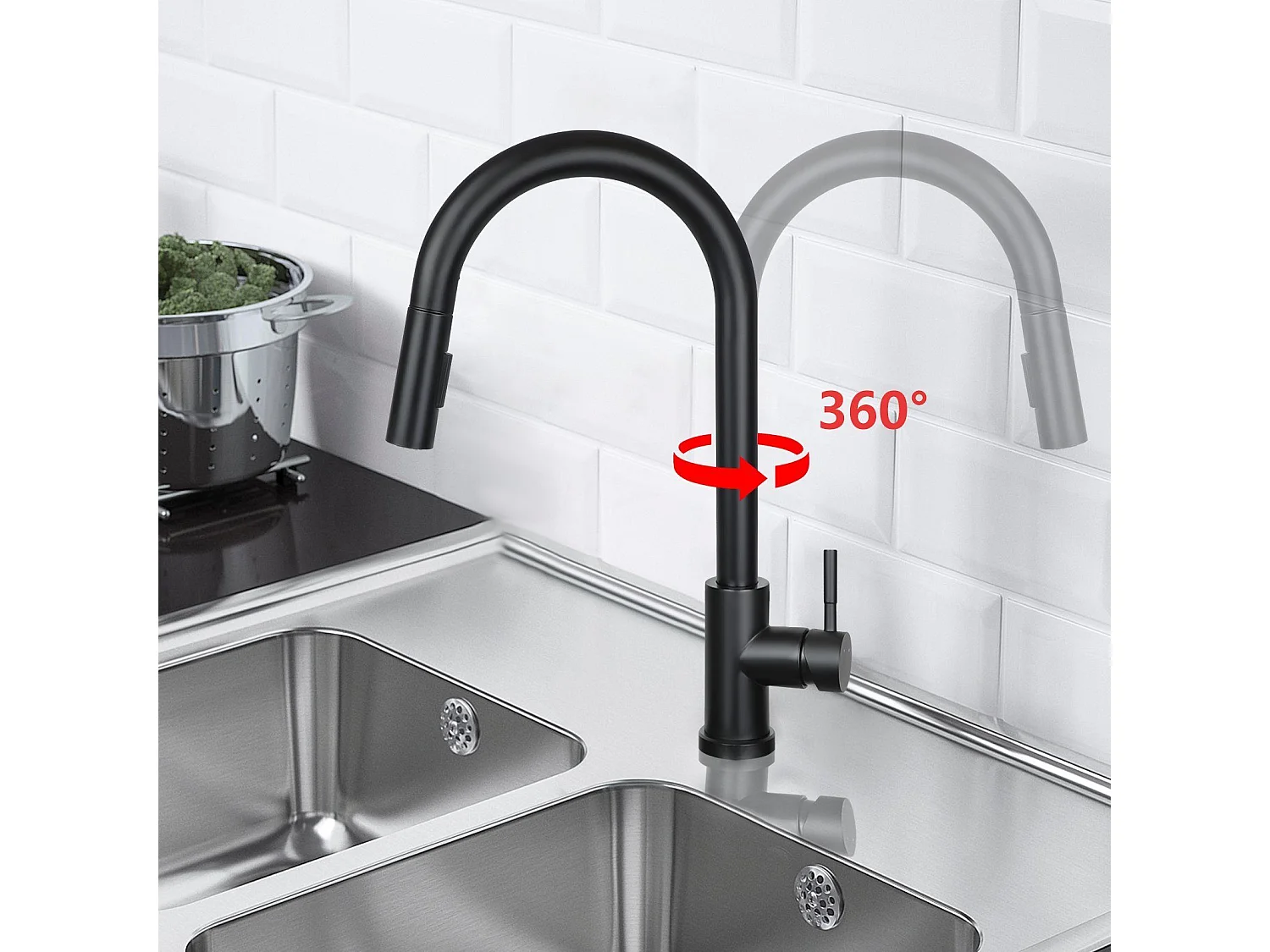 NETTLIFE Wasserhahn Küche Küchenarmatur Schwarz - Ausziehbar Spültischarmatur mit Brause Mischbatterie Spüle 360° Drehbar Armatur Edelstahl mit 2 Strahlarten