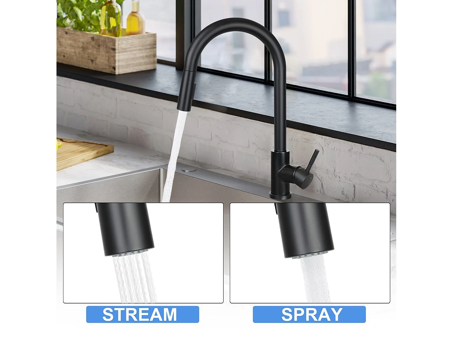 NETTLIFE Wasserhahn Küche Küchenarmatur Schwarz - Ausziehbar Spültischarmatur mit Brause Mischbatterie Spüle 360° Drehbar Armatur Edelstahl mit 2 Strahlarten