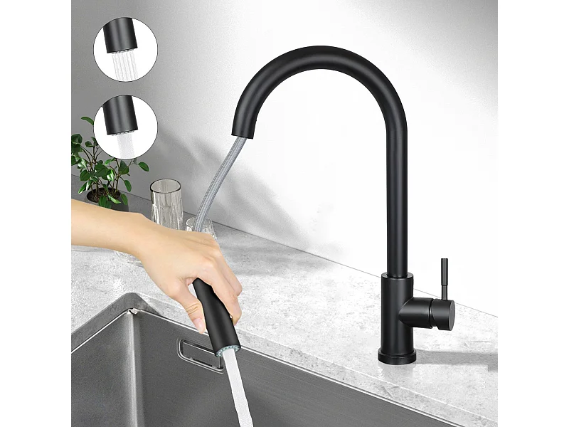 NETTLIFE Robinet de cuisine avec pomme de douche extensible, à haute pression, en acier inoxydable à jet double et pivotant à 360 °, Noir