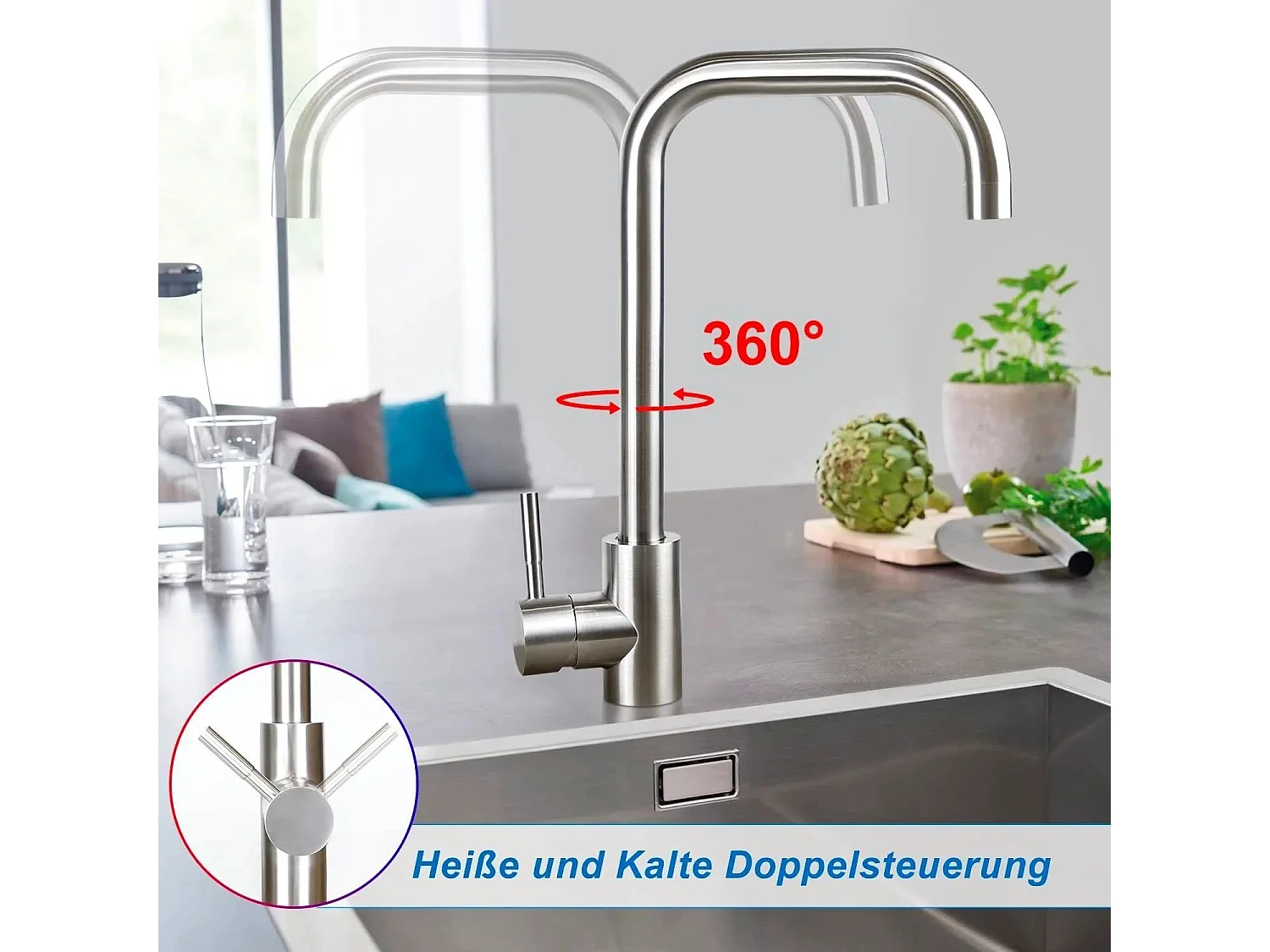 NETTLIFE Robinet de Cuisine mitigeur en Acier Inoxydable avec Poignée Unique, à Haute Pression, Robinet de Cuisine Pivotant à 360 °, Nickel