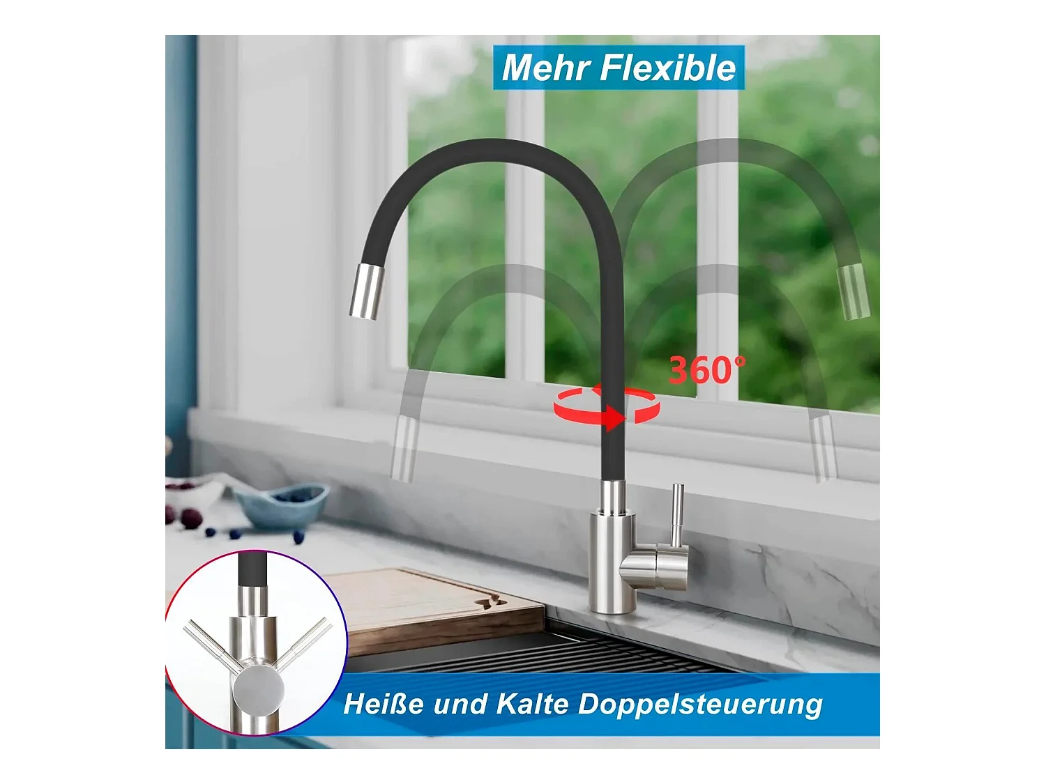 NETTLIFE Wasserhahn Küche Küchenarmatur Schwarz - Armatur Edelstahl Mischbatterie 360° Drehbar Schwenkbar Spültischarmatur Küchenwasserhahn mit Flexibler