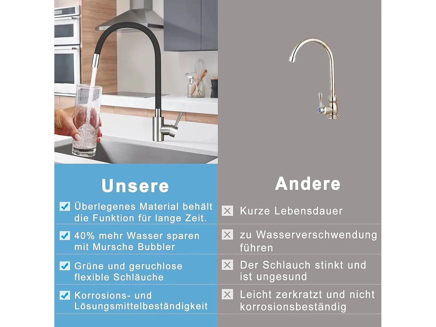 NETTLIFE Keukenkraan met unieke zwarte greep, 360° draaibare, flexibele en draaibare RVS mengkraan voor keukenwasbak