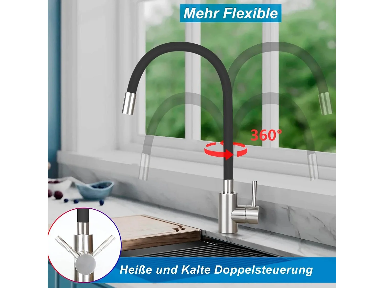 NETTLIFE Wasserhahn Küche Küchenarmatur Schwarz - Armatur Edelstahl Mischbatterie 360° Drehbar Schwenkbar Spültischarmatur Küchenwasserhahn mit Flexibler