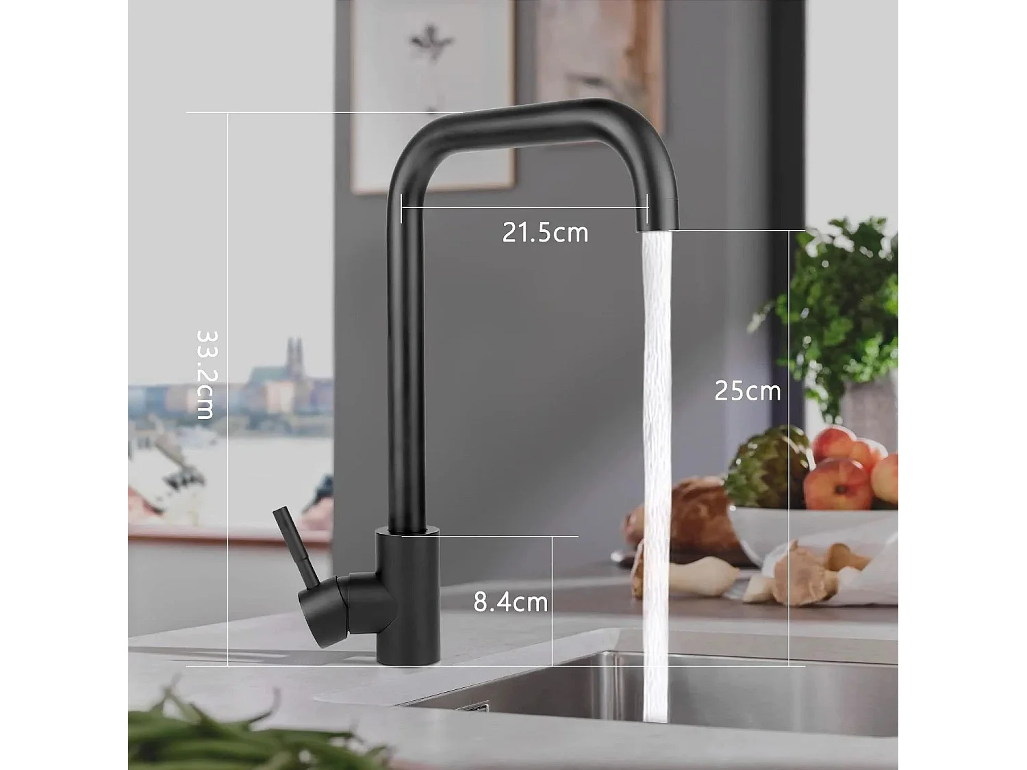 NETTLIFE Keukenkraan, 360° zwenkbare keukenkraan, enkellaags mengkraan met unieke handgreep, hoog druk, zwarte kleur, roestvrijstalen