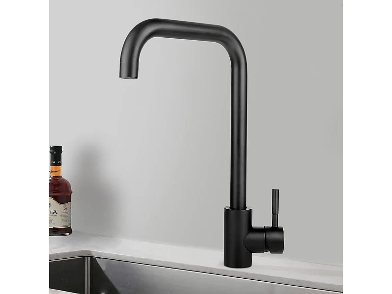 NETTLIFE Grifo de cocina mezclador de acero inoxidable con mango único, de alta presión, grifo de cocina giratorio de 360 °, Negro