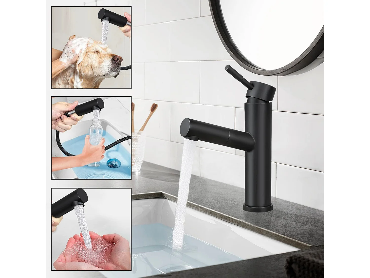 NETTLIFE Wasserhahn Bad Waschtischarmatur Waschbecken - Schwarz Armatur mit Herausziehbar Brause Mischbatterie Ausziehbar Kalt- und Warmwasserhahn