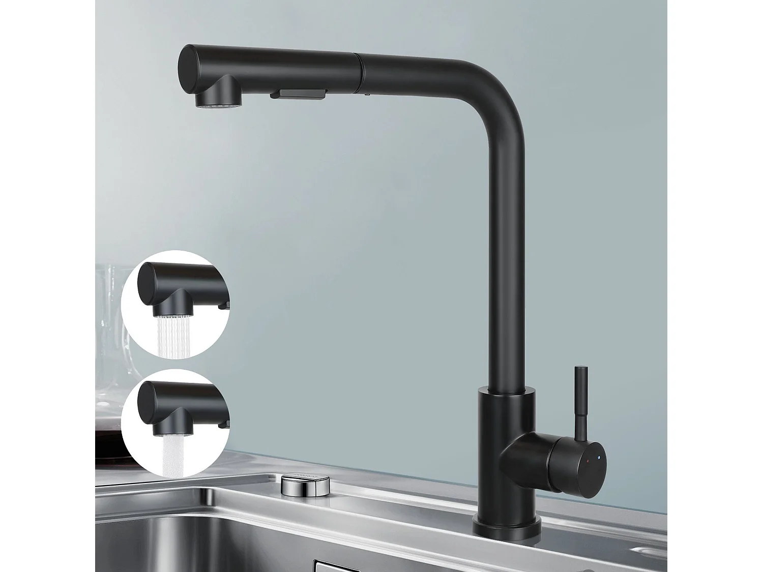 NETTLIFE Grifo de fregadero Grifo de lavabo extensible giratorio 360° en acero inoxidable con 2 tipos de chorros