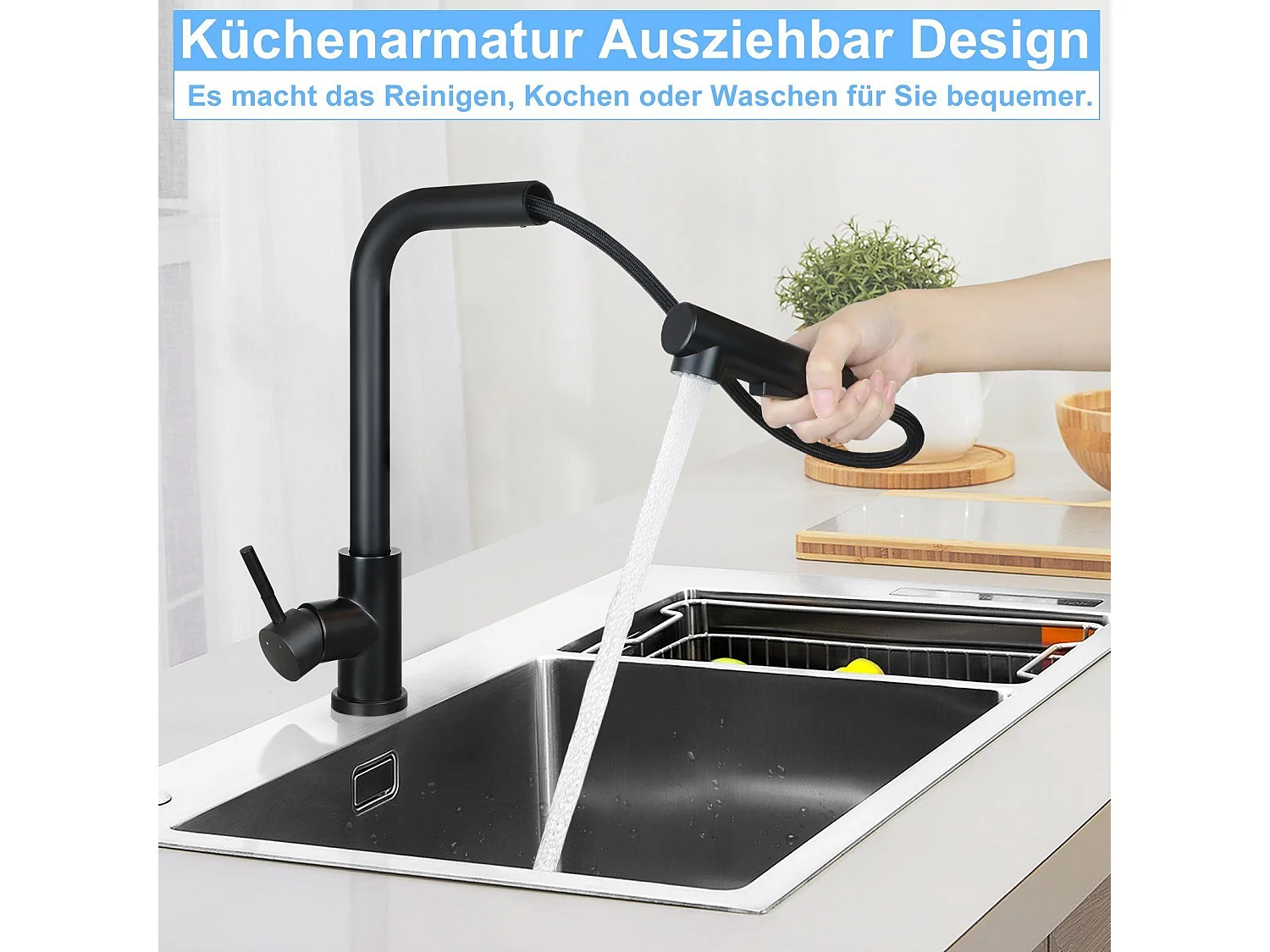 NETTLIFE Grifo de fregadero Grifo de lavabo extensible giratorio 360° en acero inoxidable con 2 tipos de chorros