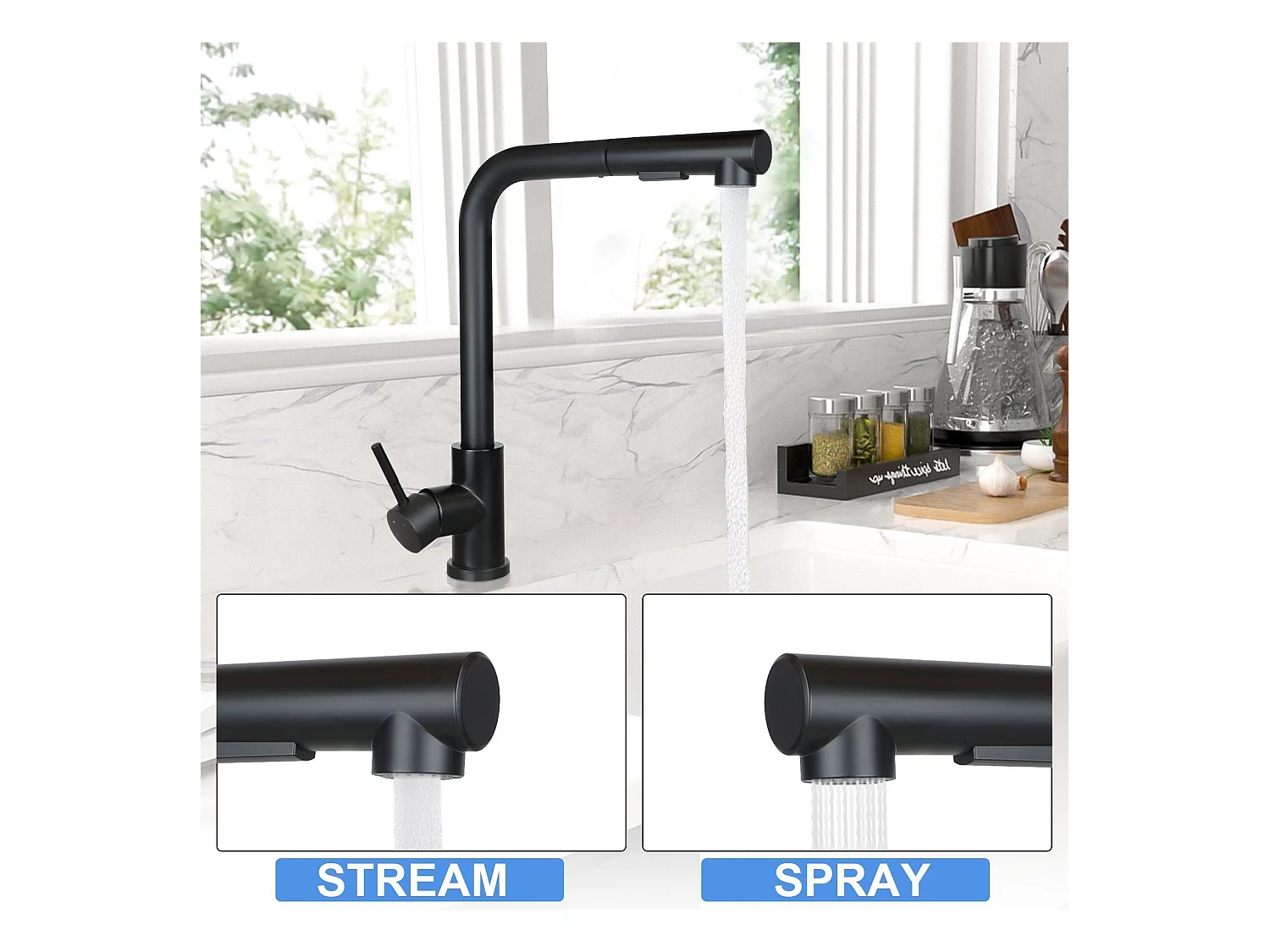 NETTLIFE Grifo de fregadero Grifo de lavabo extensible giratorio 360° en acero inoxidable con 2 tipos de chorros