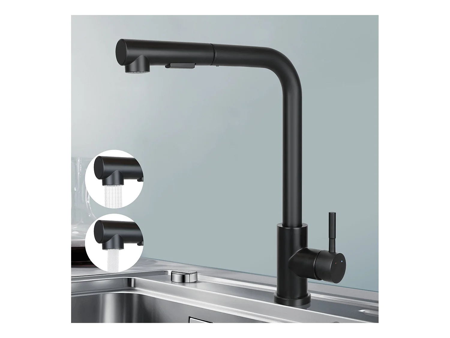 NETTLIFE Robinet de lavabo Robinet d'évier extensible Rotatif à 360° en acier inoxydable avec 2 types de jets