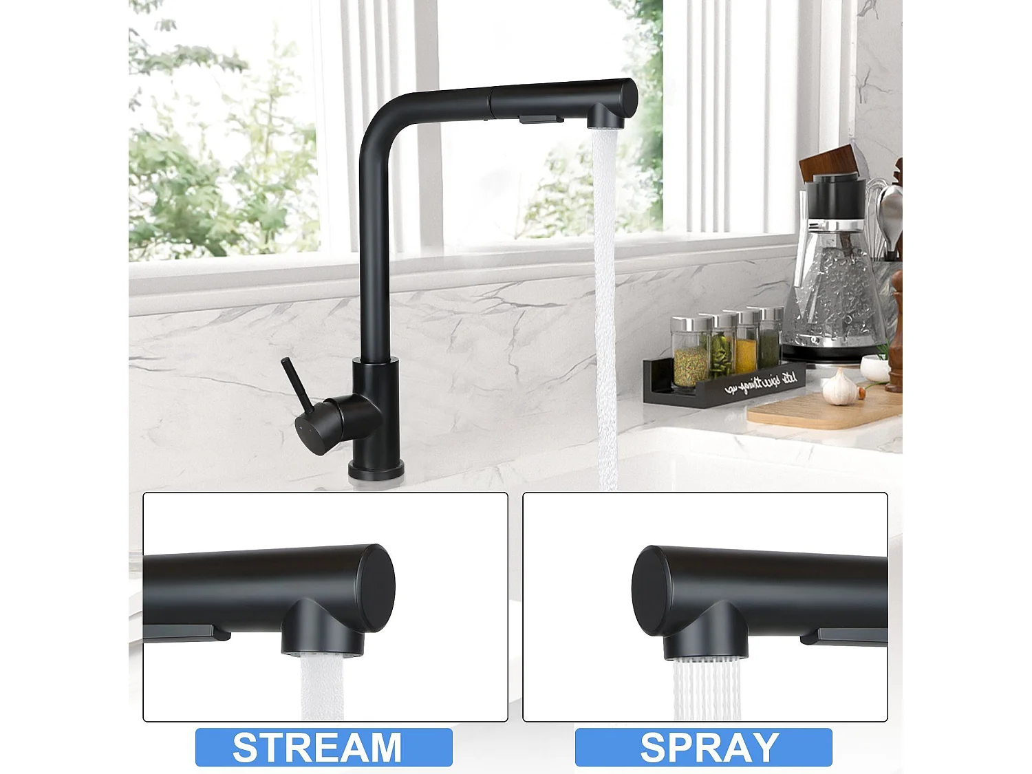 NETTLIFE Robinet de lavabo Robinet d'évier extensible Rotatif à 360° en acier inoxydable avec 2 types de jets