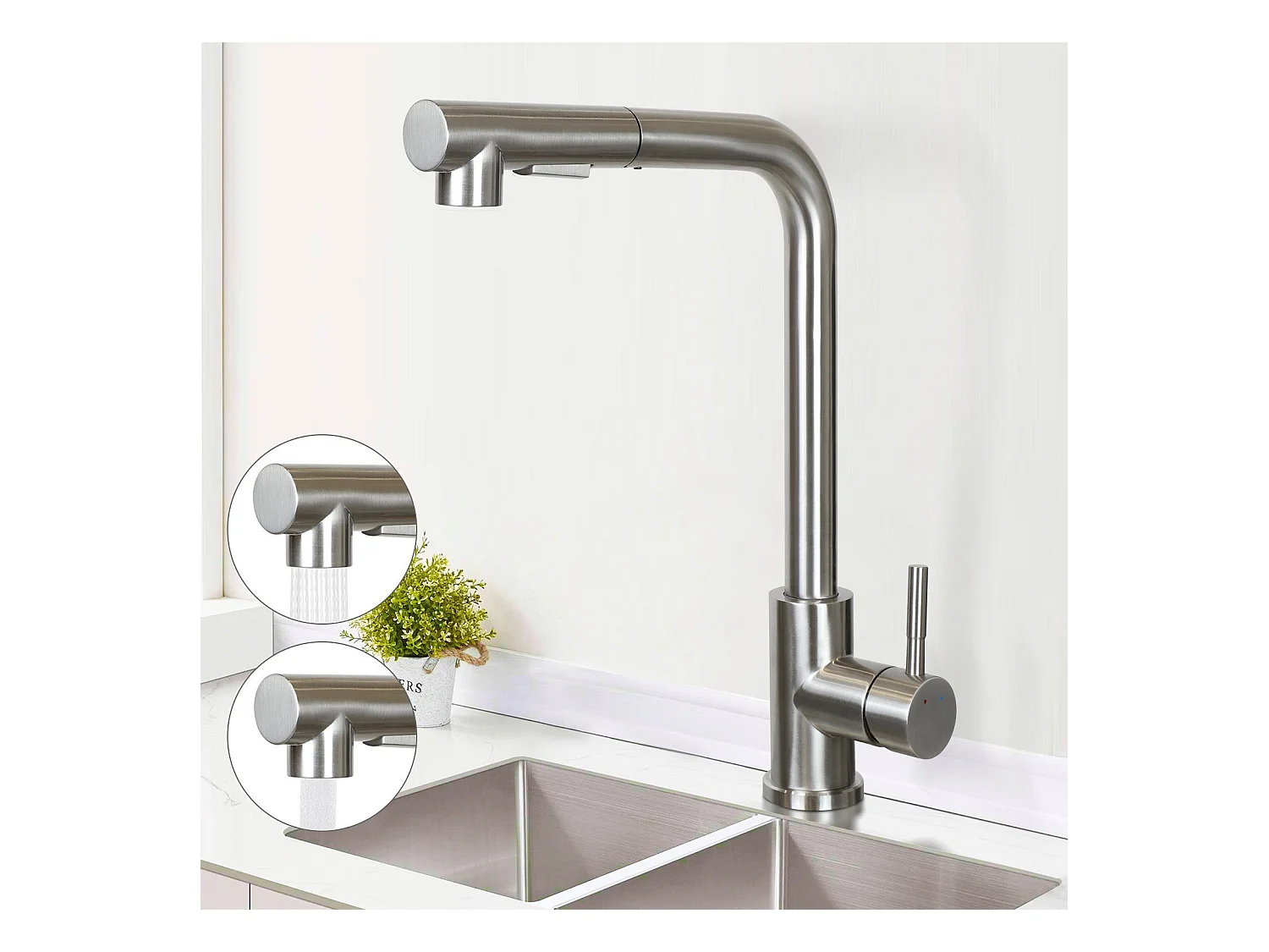 NETTLIFE Waschtischarmatur Waschbeckenarmatur ausziehbar 360° drehbar aus Edelstahl mit 2 Strahlarten