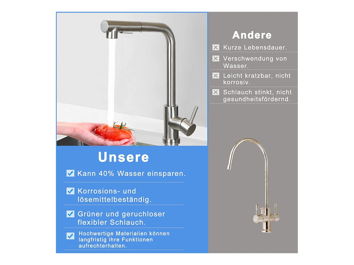 NETTLIFE Waschtischarmatur Waschbeckenarmatur ausziehbar 360° drehbar aus Edelstahl mit 2 Strahlarten